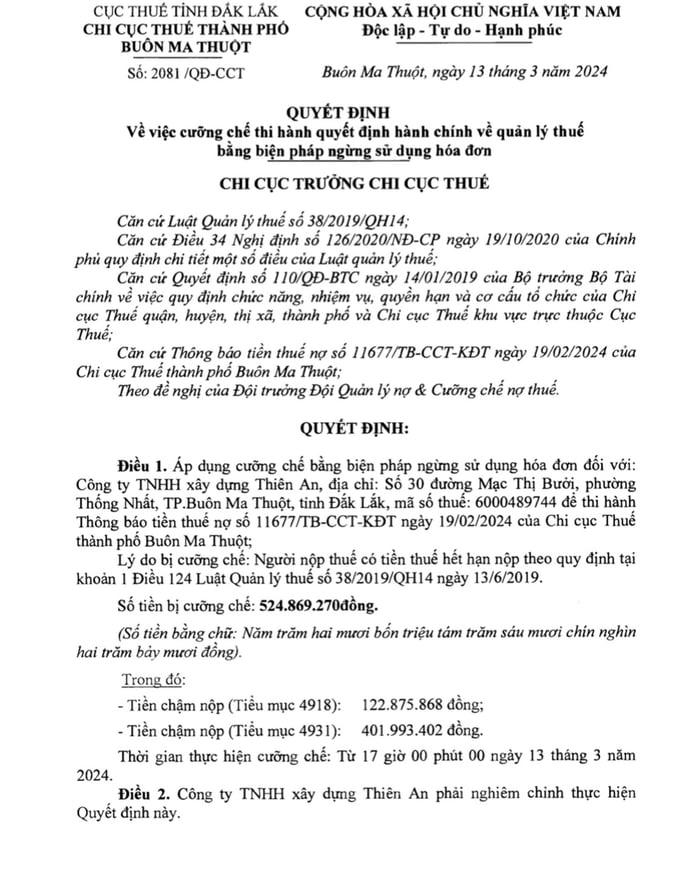 Quyết định cưỡng chế thuế.