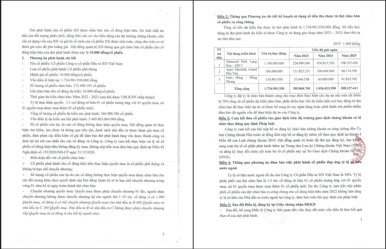 Thông tin về kế hoạch phát hành cổ phiếu của IDJ. &nbsp;
