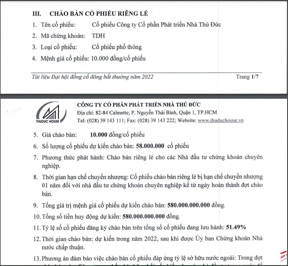 Phương án chào bán cổ phiếu riêng lẻ của TDH. &nbsp;