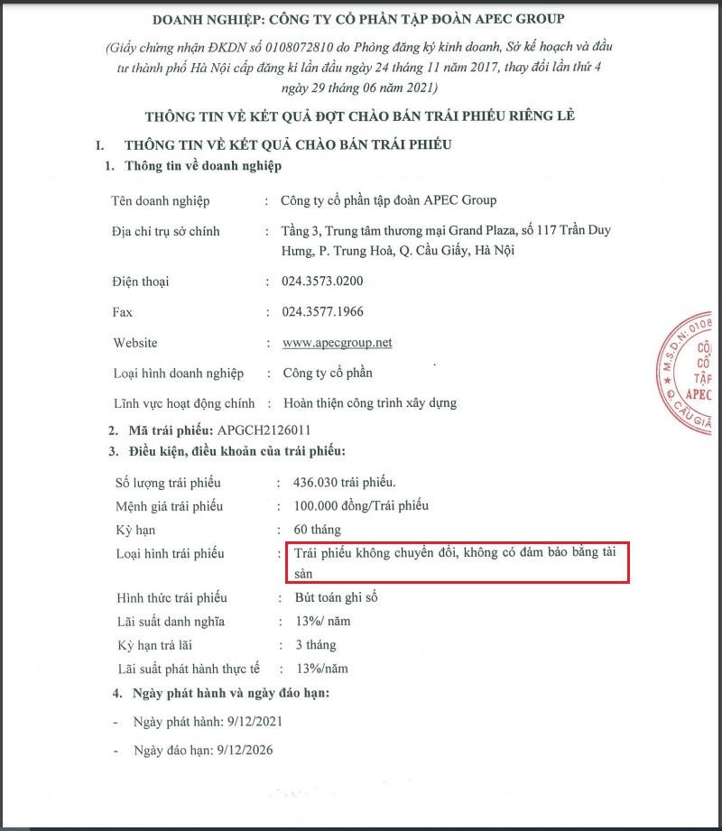 Nhiều lô trái phiếu do Apec Group phát hành không có tài sản đảm bảo. &nbsp; &nbsp;