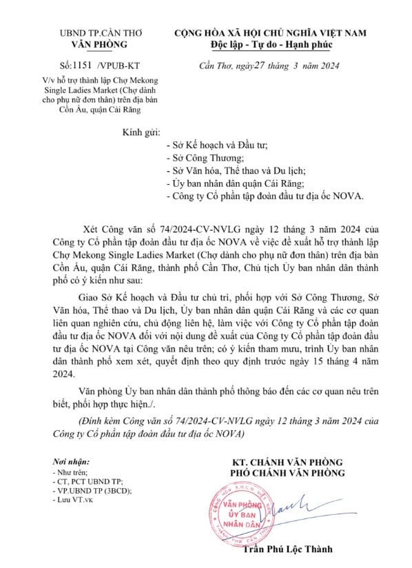 Công văn của của Văn phòng UBND TP. Cần Thơ đề nghị Sở, Ngành tham mưu về đề xuất lập chợ dành cho phụ nữ đơn thân.