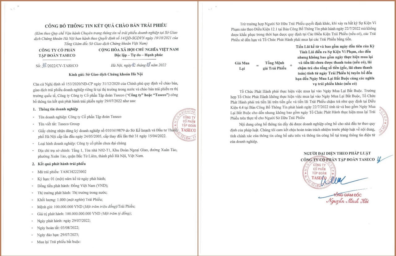 Thông tin về lô trái phiếu của Taseco. &nbsp;