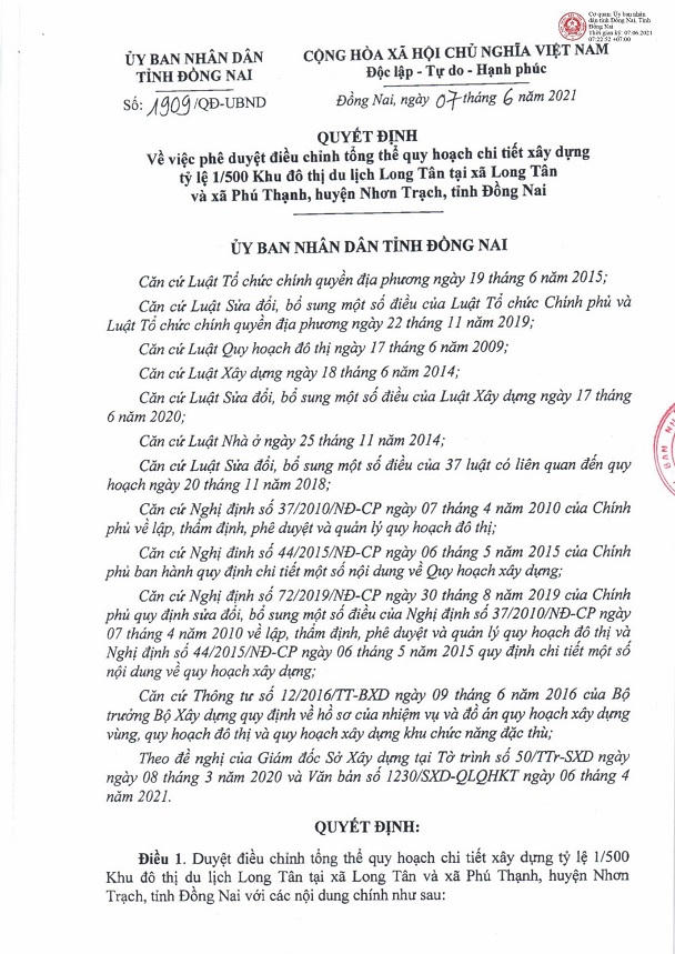 Quyết định phê duyệt điều chỉnh tổng thể quy hoạch chi tiết 1/500 dự án Khu đô thị du lịch Long Tân. Nguồn: UBND tỉnh Đồng Nai &nbsp;