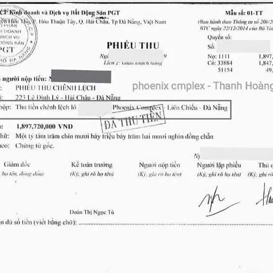 Phiếu thu tiền chênh lệch của một khách hàng mua đất tại Dự án Khu dân cư Thanh Hoàng