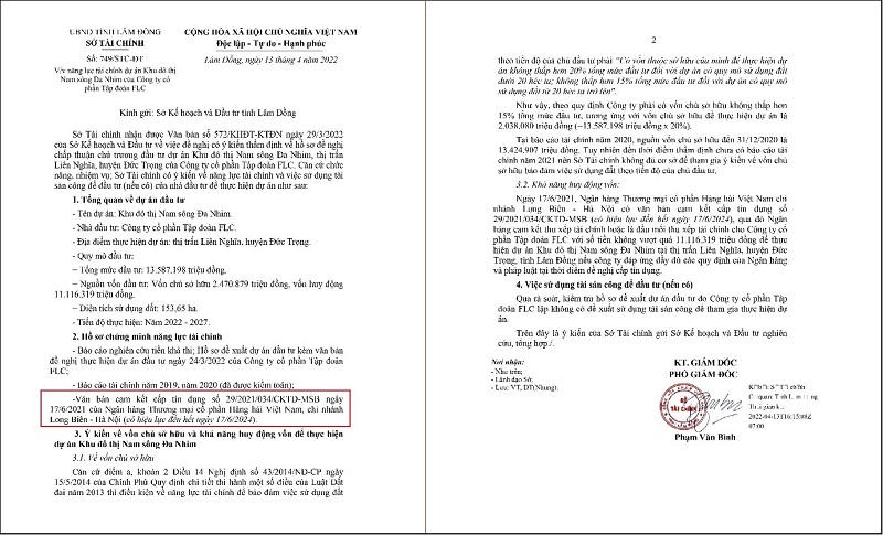 MSB là ngân hàng cam kết cấp tín dụng cho Tập đoàn FLC làm dự án KĐT Nam sông Đa Nhim. &nbsp;