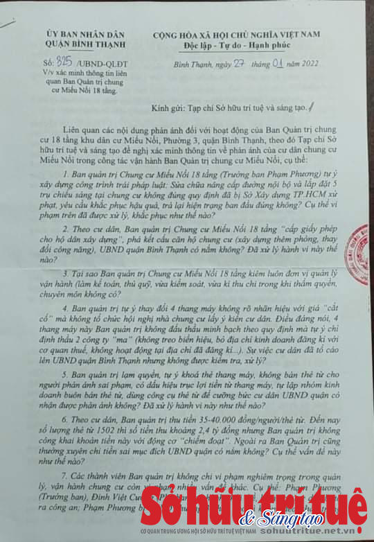 &nbsp;UBND quận Bình Thạnh phản hồi Tạp chí Sở Hữu Trí Tuệ và Sáng Tạo. &nbsp;