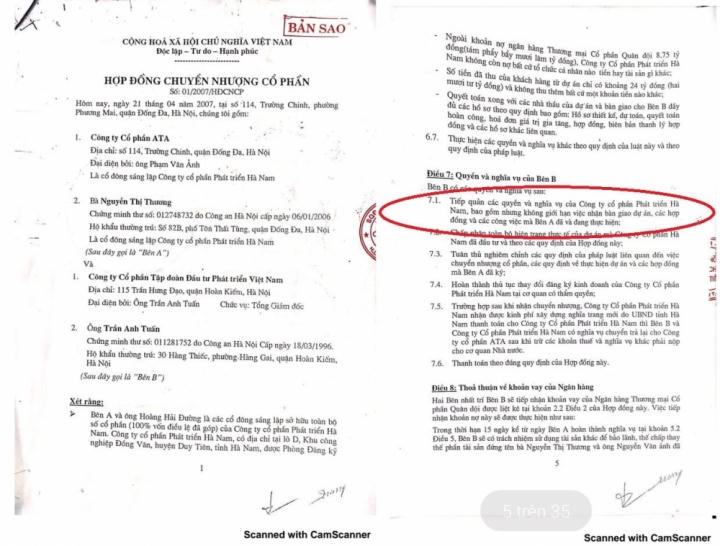 Hợp đồng chuyển nhượng cổ phần số 01/2007/HĐCNCP ngày 21/4/2007. Tập đoàn TNG đồng ý tiếp quản các quyền và nghĩa vụ của Công ty Hà Nam bao gồm nhưng không giới hạn việc nhận bàn giao dự án các hợp đồng và các công việc mà Chủ đầu tư cũ đã thực hiện.&nbsp;