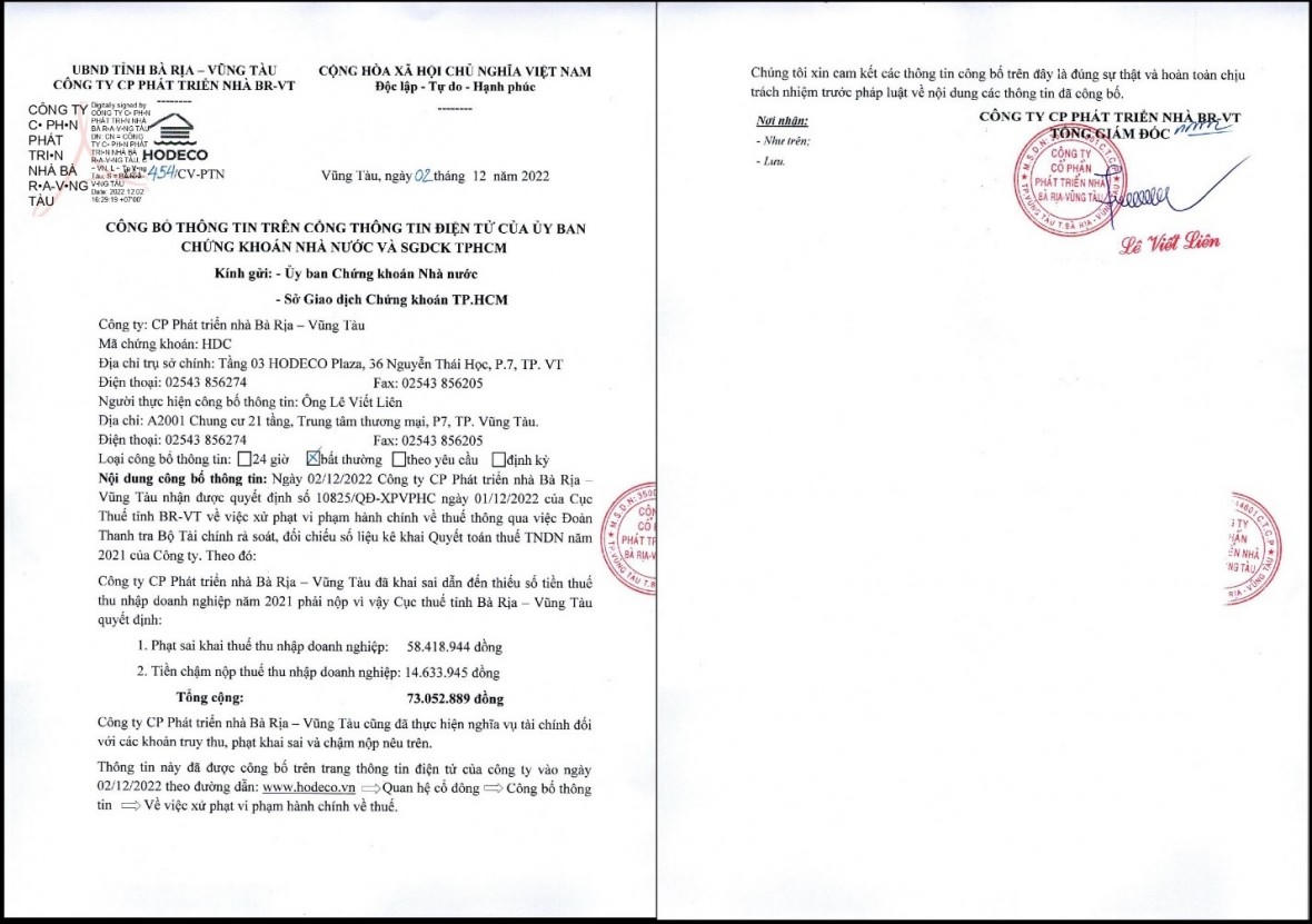 Thông báo của Hodeco về việc đã nhận được quyết định xử phạt vi phạm hành chính về thuế của Cục Thuế tỉnh Bà Rịa – Vũng Tàu. &nbsp;