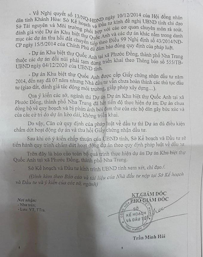 Văn bản chỉ đạo chấm dứt hoạt động của dự án khu biệt thự Quốc Anh. Ảnh: VNeconomy