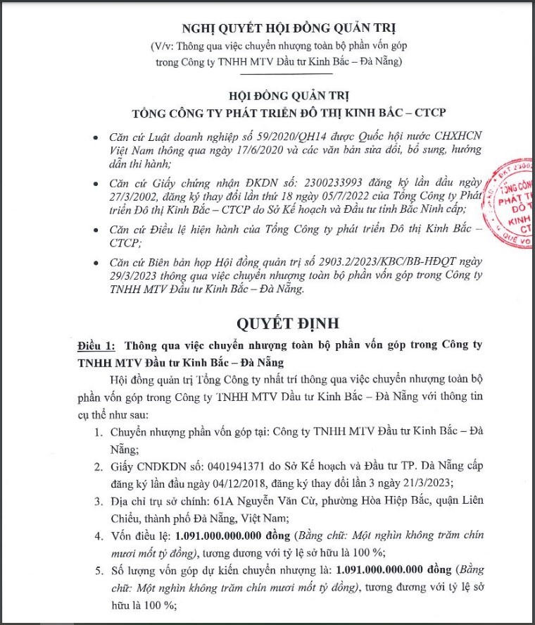 Nghị quyết HĐQT vừa được KBC công bố về việc chuyển nhượng công ty con. &nbsp;