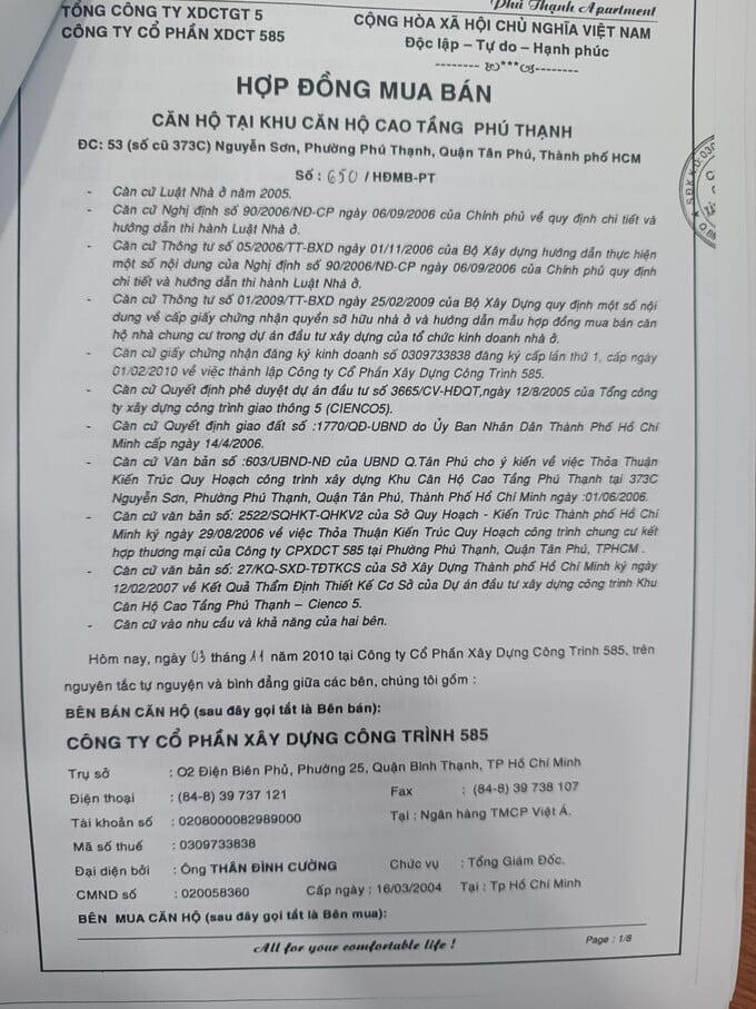 Nhiều hợp đồng mua bán giữa Công ty 585 và cư dân đã được ký kết nhưng đơn vị này vẫn mang cả tài sản đi thế chấp ngân hàng.