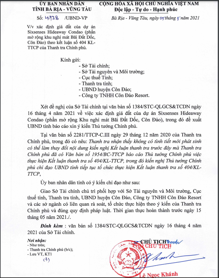 Văn bản số 4728/UBND-VP về việc xác định giá đất của dự án Sixsenses Hideaway Condao &nbsp;