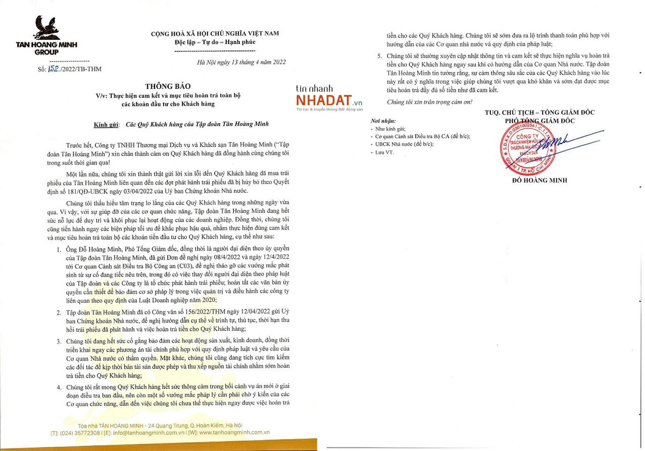 Toàn bộ văn bản thông báo về việc hoàn trả toàn bộ các khoản tiền cho các nhà đầu tư đã mua trái phiếu của Tân Hoàng Minh trước đó. &nbsp; &nbsp;