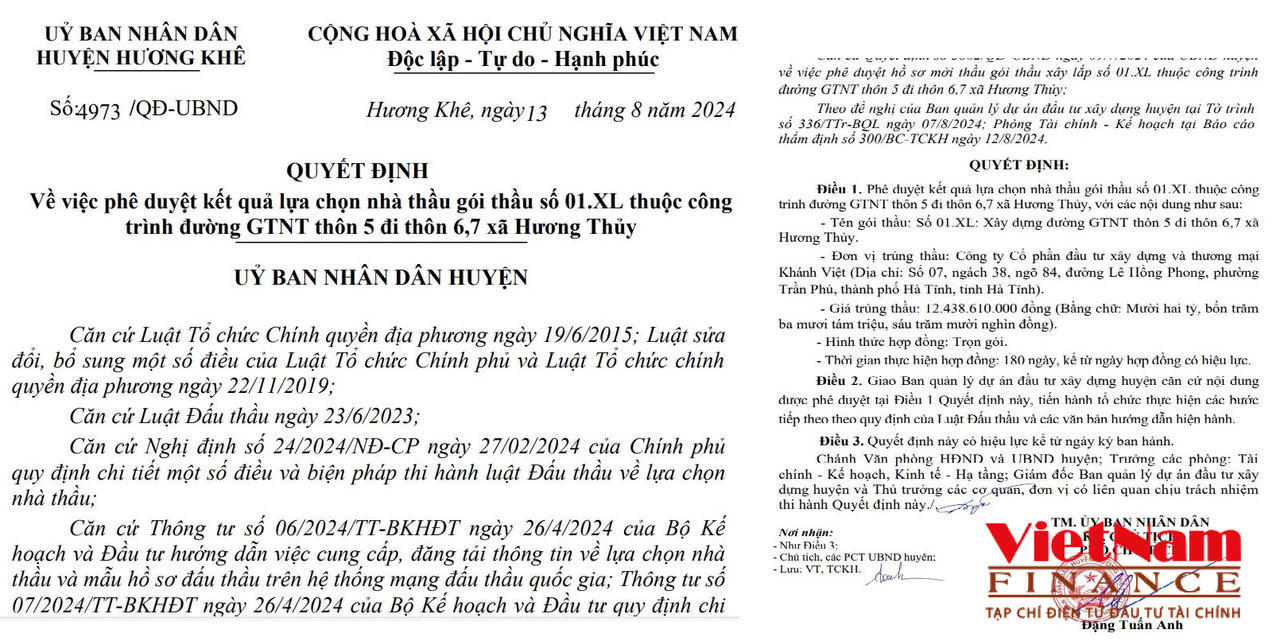 Một quyết định phê duyệt kết quả lựa chọn nhà thầu UBND huyện Hương Khê vừa ký ban hành chô Công ty Khánh Việt &nbsp;