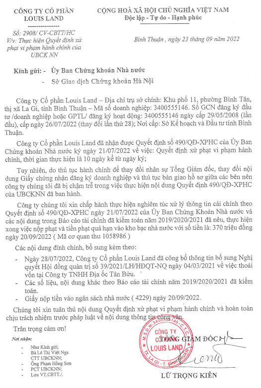 Louis Land đã hoàn tất nộp phạt 370 triệu đồng sau 2 tháng trễ hạn