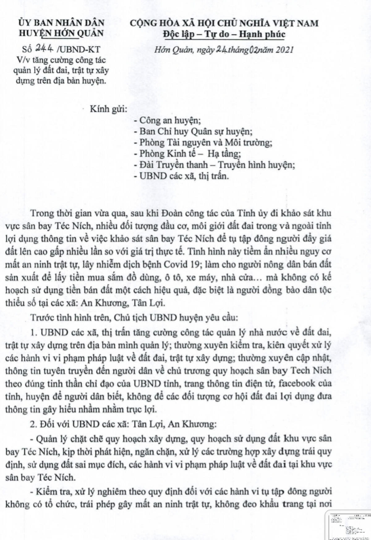 Văn bản cảnh báo tình trạng sốt đất ảo tại huyện Hớn Quản, Bình Phước. &nbsp;