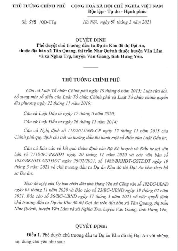 Quyết định phê duyệt chủ trương đầu tư Dự án Khu đô thị Đại An. &nbsp;