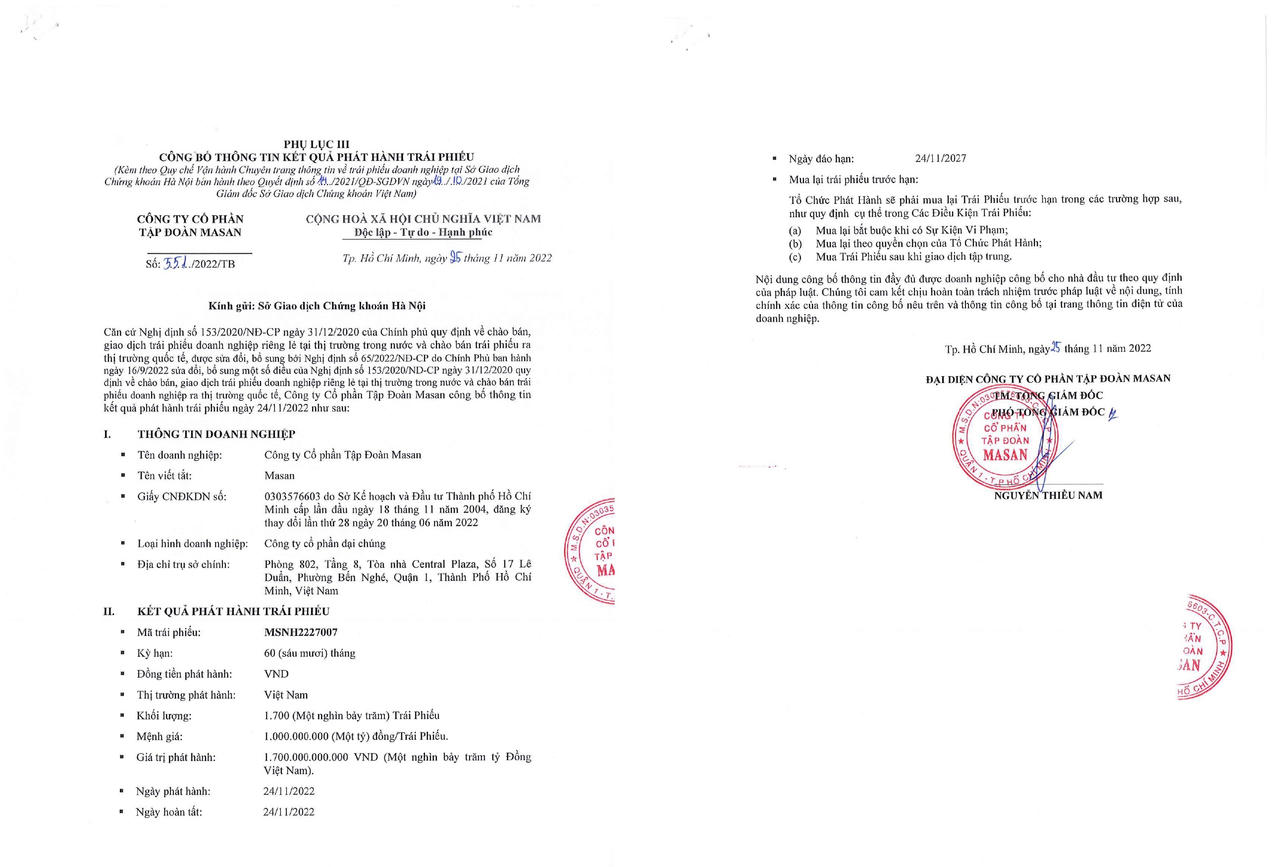 Thông tin được công bố về việc Masan phát hành thành công lô trái phiếu trị giá 1.700 tỷ đồng. &nbsp;