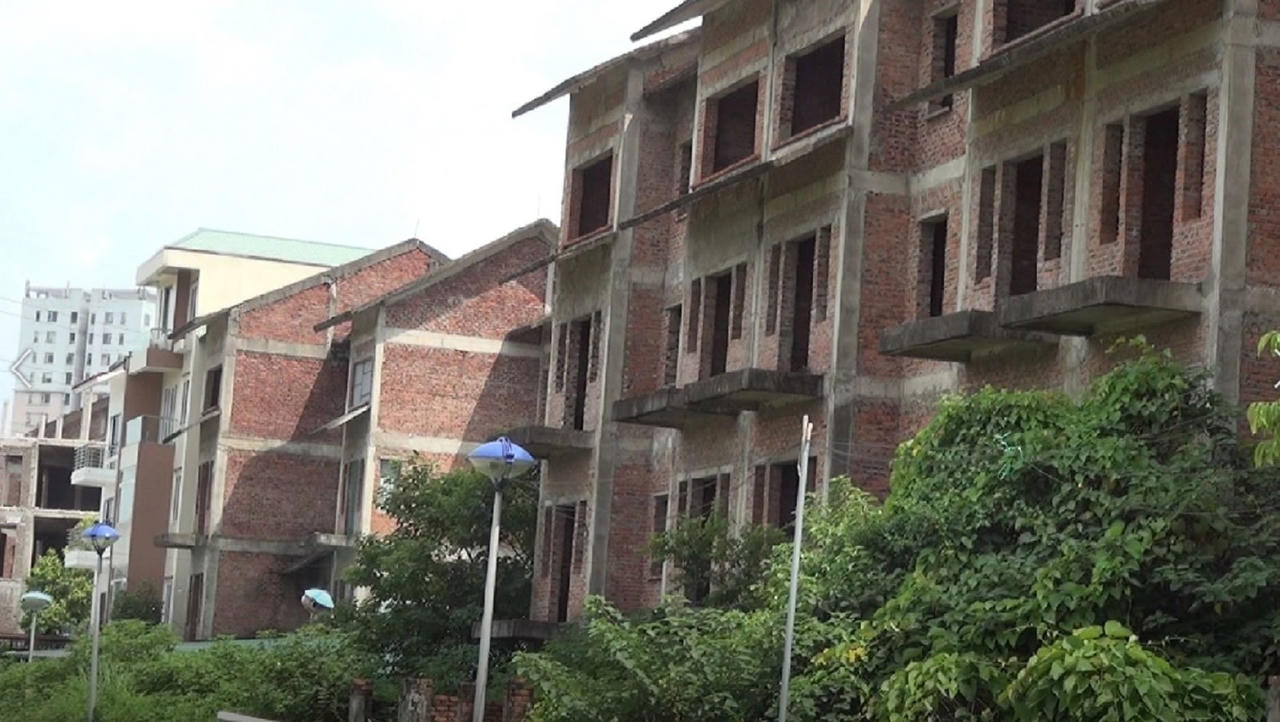 Dãy nhà biệt thự tại dự án Khu đô thị sinh thái Xuân Phương cỏ mọc um tùm. &nbsp;