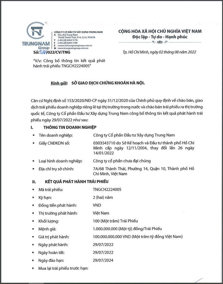 Thông báo về lô trái phiếu trị giá 100 tỷ của Trung Nam Group. &nbsp;