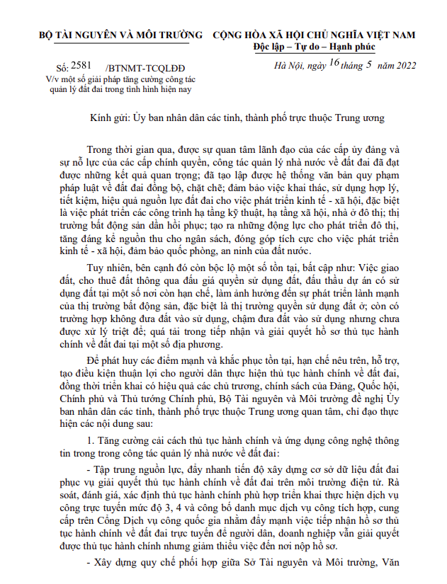 Công văn số 2581/BTNMT-TCQLĐĐ &nbsp;