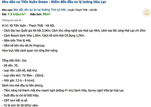 Thông tin rao bán dự án ma có tên gọi Tiến Xuân Green trên một số website đăng tin mua, bán bất động&nbsp;sản. Ảnh chụp màn hình.&nbsp;