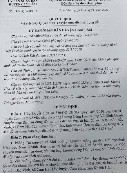 UBND huyện Cam Lâm huỷ hàng loạt quyết định chuyển mục đích sử dụng đất từ đất nông nghiệp sang đất ở, đất đô thị.