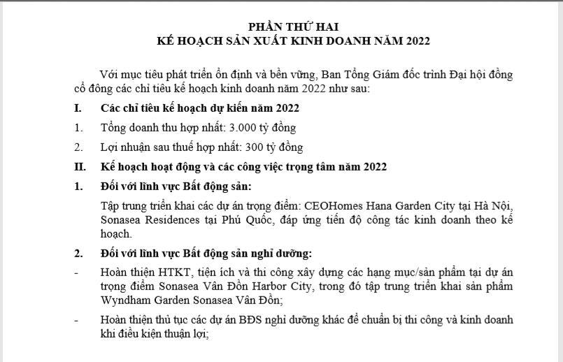 Kế hoạch kinh doanh của CEO Group năm 2022. Nguồn: Tài liệu ĐHĐCĐ CEO Group năm 2022.&nbsp; &nbsp;