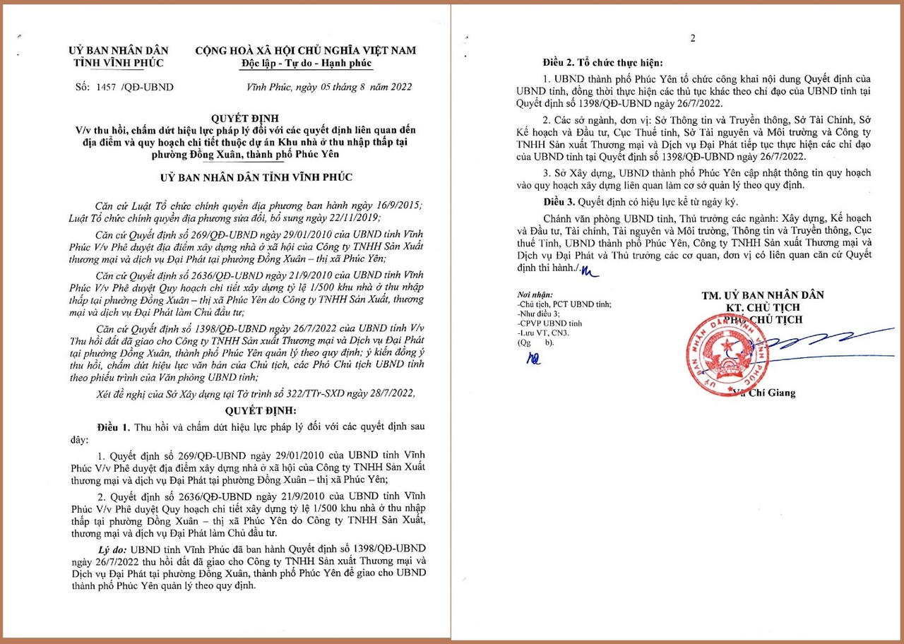 Quyết định của UBND tỉnh Vĩnh Phúc về việc thu hồi dự án nhà ở xã hội của Công ty Đại Phát tại Phúc Yên &nbsp;