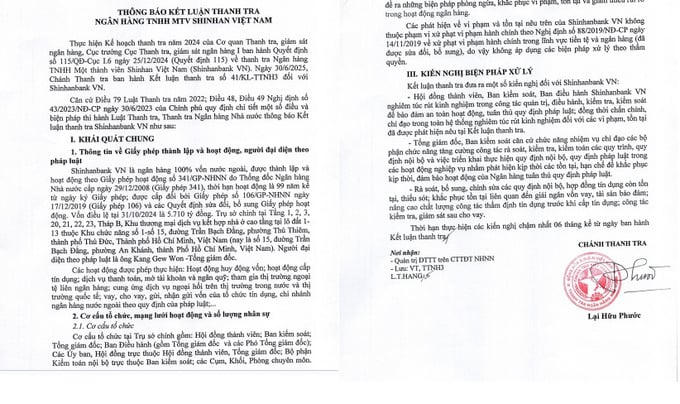 Thanh tra NHNN yêu cầu Shinhan Bank Việt Nam báo cáo, giải trình và khẩn trương đề ra các biện pháp khắc phục. &nbsp;