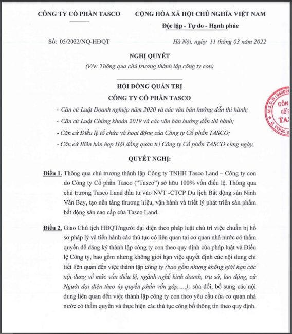 Tasco thông qua chủ trương thành lập Tasco Land và đầu tư vào Ninh Vân Bay. &nbsp;