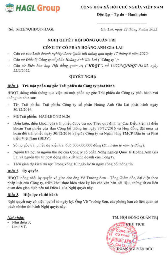 Hoàng Anh Gia Lai trả nợ trước hạn thêm 605 tỷ đồng