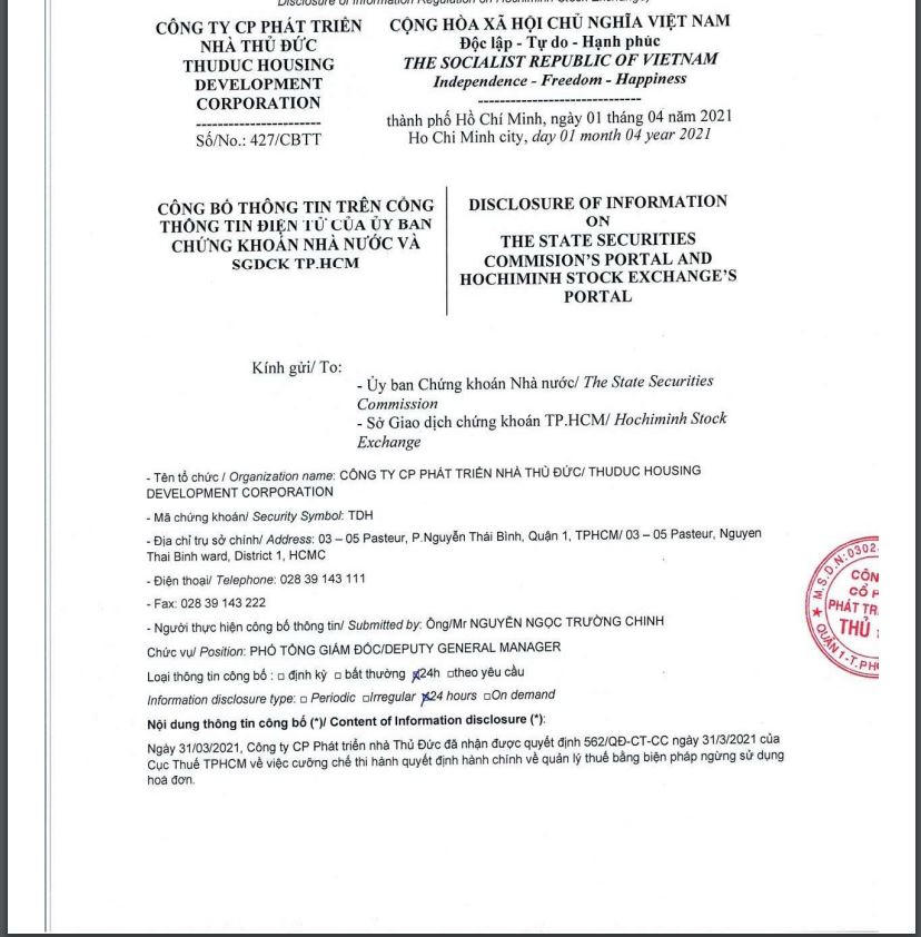 Thuduc House bị cưỡng chế hóa đơn, cổ phiếu vào diện cảnh báo