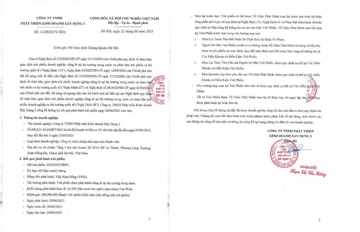 Thông tin về lô trái phiếu 2.250 tỷ đồng vừa được Xây dựng 3 phát hành. &nbsp;