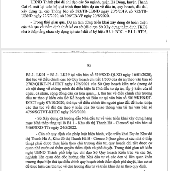 UBND TP Hà Nội thông tin về lộ trình xử lý vi phạm và giải pháp triển khai dự án KĐT Thanh Hà Cienco 5. Nguồn: Báo cáo trả lời kiến nghị cử tri trước và sau kỳ họp thứ 7 HĐND Thành phố khóa XVI.