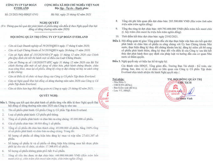 Nghị quyết thông qua kết quả phát hành cổ phiếu tăng vốn điều lệ (Nguồn: Everland)