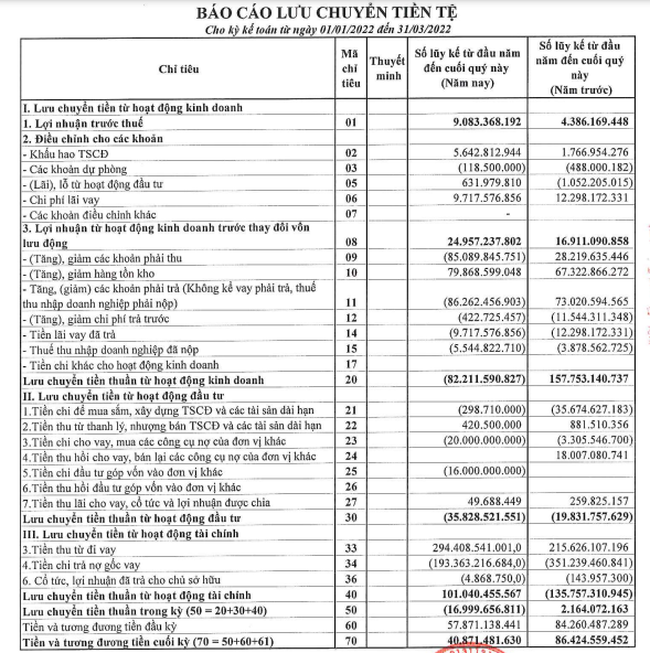 Nguồn: BCTC hợp nhất quý 1/2022 &nbsp;