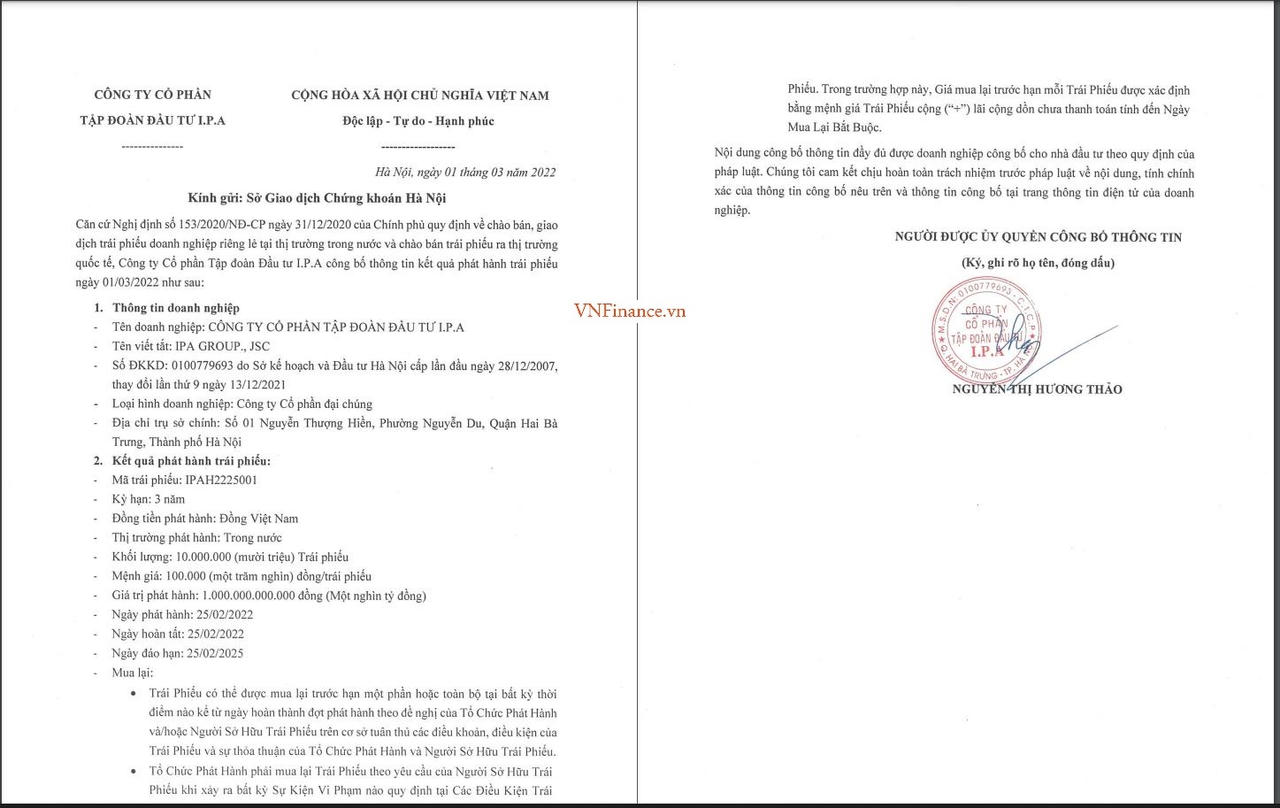 Thông tin lô trái phiếu 1.000 tỷ đồng của IPA. &nbsp; &nbsp;
