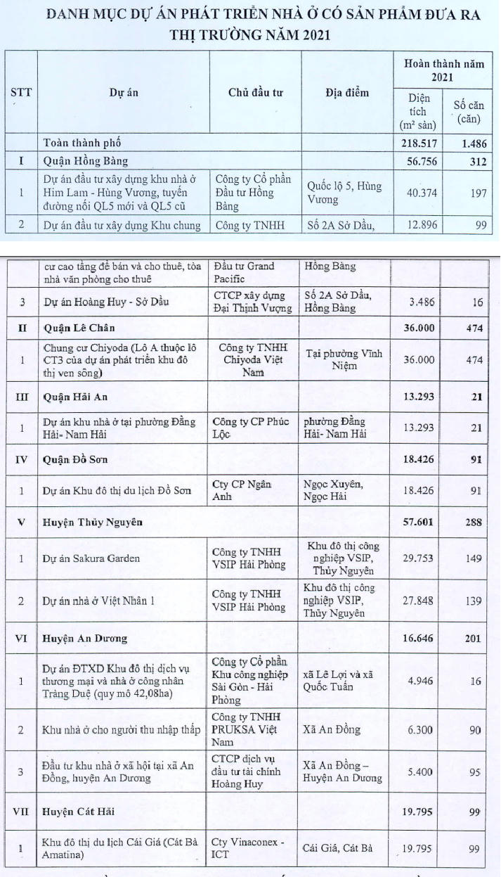 Danh mục dự án có sản phẩm đưa ra thị trường năm 2021