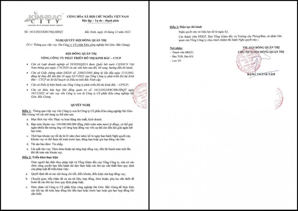 Nghị quyết HĐQT của KBC về việc vay vốn từ CTCP Khu công nghiệp Sài Gòn - Bắc Giang. &nbsp;
