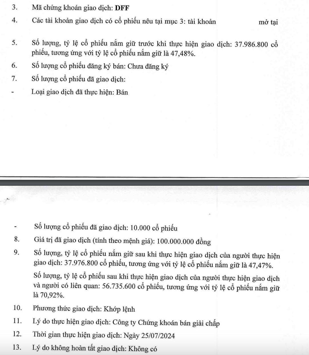 Sau giao dịch, Ông Lê Duy Hưng giảm số lượng sở hữu từ 37,98 triệu đơn vị xuống còn 37,97 triệu đơn vị