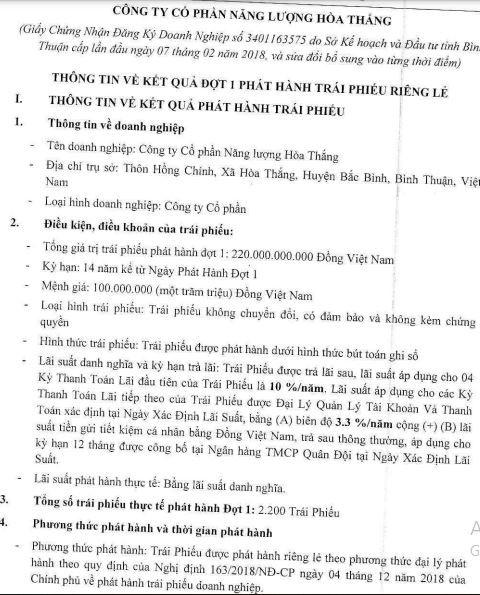 Thông tin phát hành trái phiếu riêng lẻ tại CTCP Năng lượng Hòa Thắng (Nguồn: HNX) &nbsp;