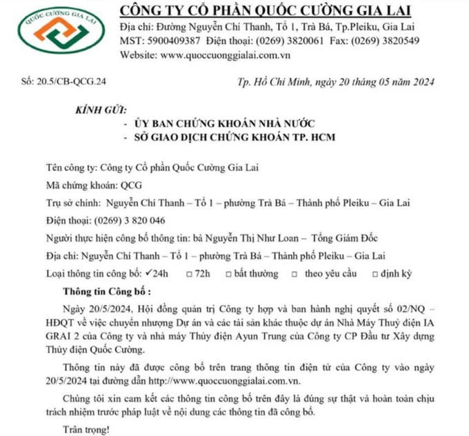 Thông tin công bố về việc Hội đồng Quản trị Công ty&nbsp;Cổ phần Quốc Cường Gia Lai&nbsp;đã ban hành Nghị quyết số 02/NQ-HĐQT thông qua việc chuyển nhượng 2 dự án nhà máy thủy điện.