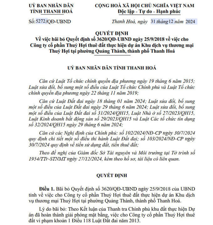 Bãi bỏ Quyết định số 3620/QĐ-UBND ngày 25/9/2018 về việc cho Công ty cổ phần Thuỷ Hợi thuê đất thực hiện dự án Khu dịch vụ thương mại Thuỷ Hợi tại phường Quảng Thành, thành phố Thanh Hoá.