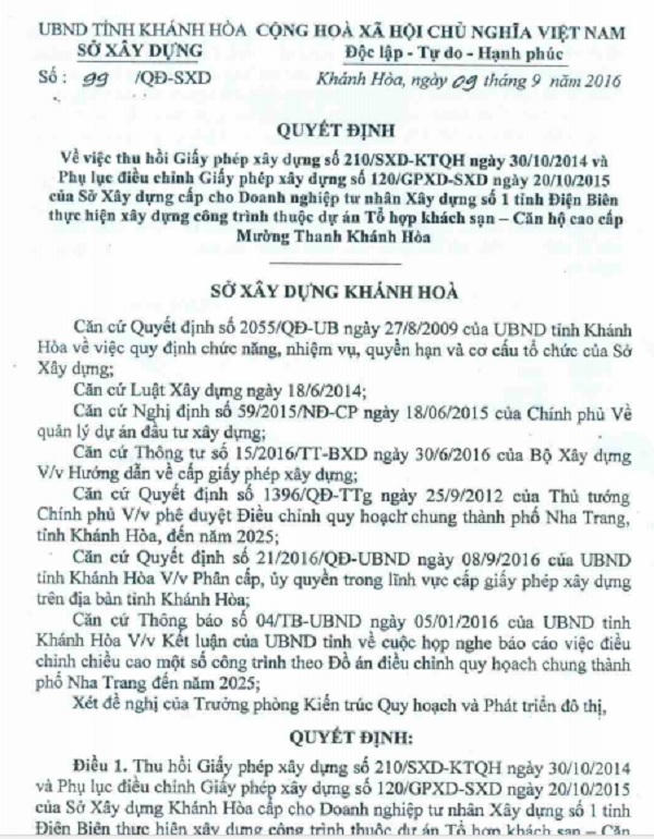 Vì sao dự án Mường Thanh Khánh Hòa bị thu hồi giấy phép xây dựng?