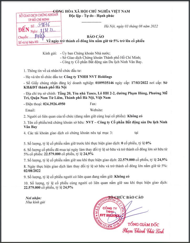 Một doanh nghiệp chi gần 1.200 tỷ đồng nắm quyền chi phối tại Ninh Vân Bay (NVT)