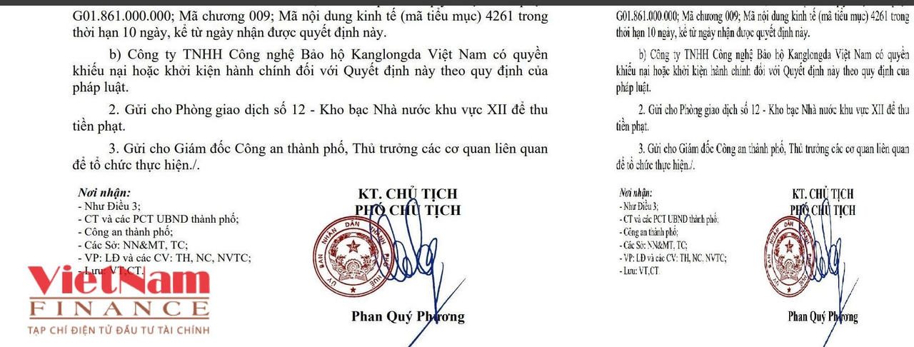 Quyết định xử phạt của UBND TP. Huế đối với&nbsp;Công ty TNHH Công nghệ Bảo hộ Kanglongda Việt Nam.