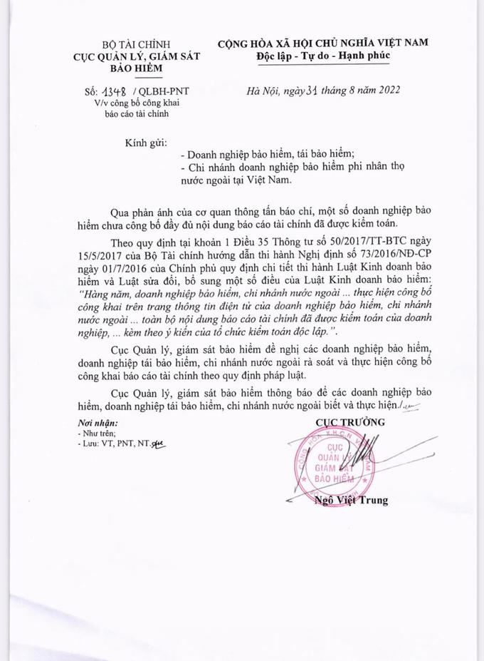 Công văn số 1348/QLBH-PNT của Cục Quản lý, giám sát bảo hiểm, Bộ Tài chính.
