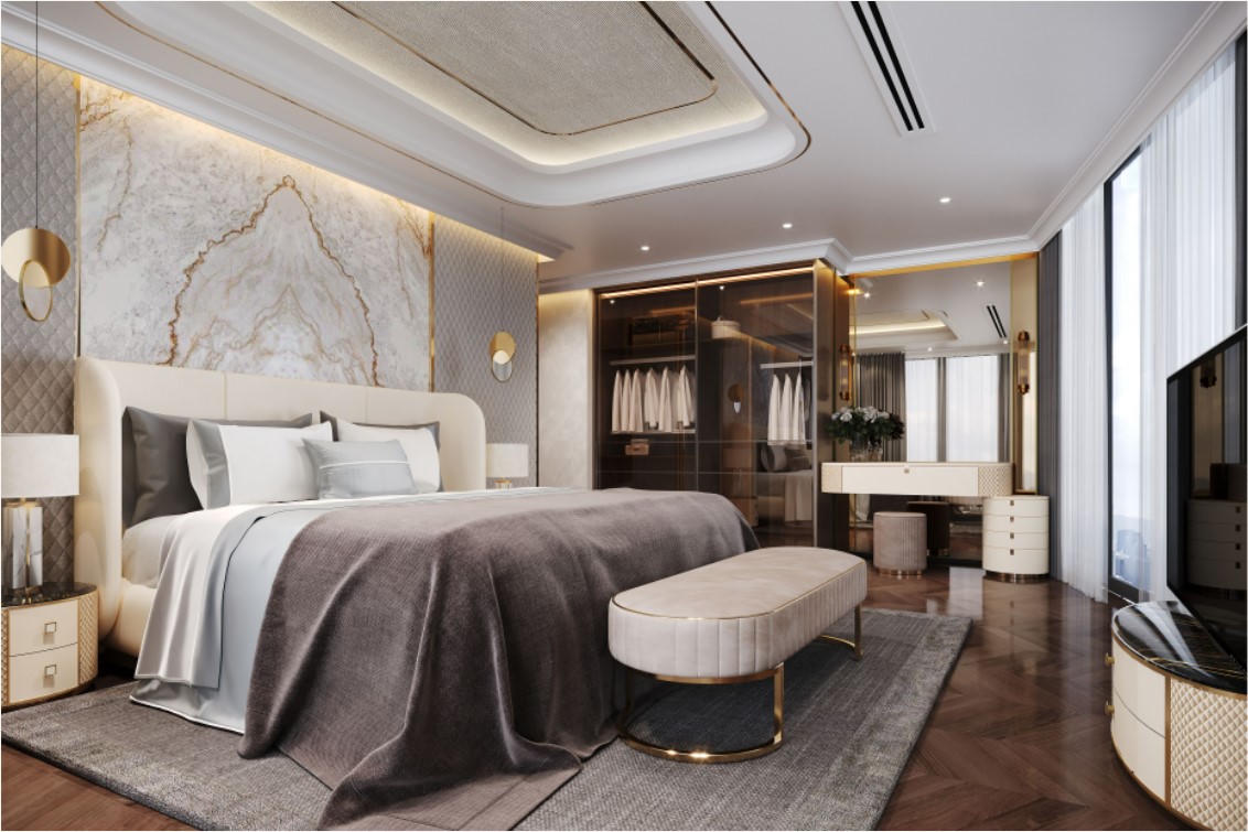 Các căn hộ được sử dụng họa tiết đường line dát vàng, vân đá tự nhiên với màu sắc trung tính, thể hiện sự giàu có tinh tế và thời thượng. &nbsp;