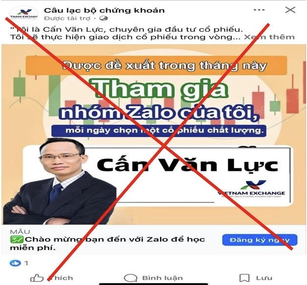 Hình ảnh của TS Cấn Văn Lực được sử dụng để mời gọi nhà đầu tư tham gia nhóm Zalo, cùng với đó là logo của Sở Giao dịch Chứng khoán Việt Nam (VNX)